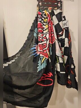 2 PCS Ed Hardy silky scarf tattoo-style skull rose tiger Pattern Logo NWT